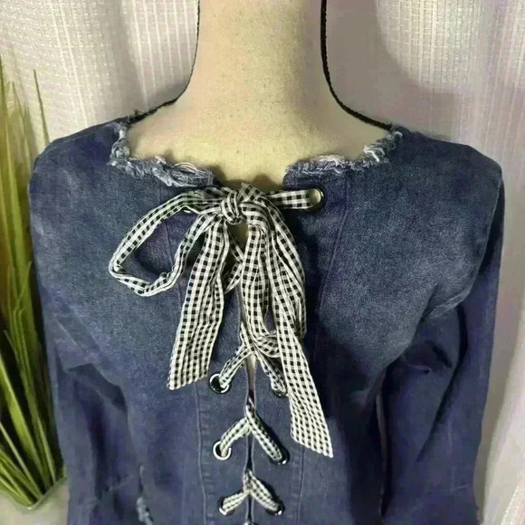 Moelleux Womens M V-Neck Denim Bell Sleeves Frayed Hem Laced Back Hobo Tunic Top - Picture 6 of 10